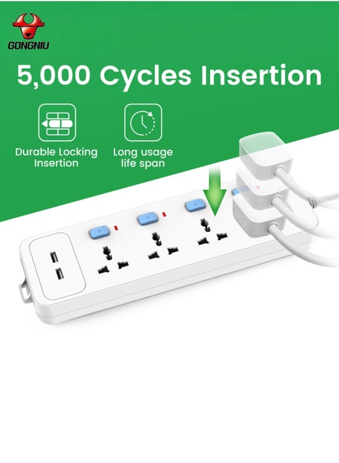 غونغنيو سلك تمديد كهربائي بثلاثة منافذ بطول 3 أمتار، ومنفذي USB، وشريط طاقة متعدد المقابس عالمي مزود بمفاتيح فردية وفتحات تعليق للمنزل والمكتب - Image 5